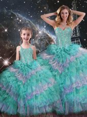 Organza Sleeveless Floor Length Quinceanera Gown and Beading and Ruffled Layers and Sequins