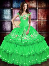 Discount Green Taffeta Lace Up Sweet 16 Quinceanera Dress Sleeveless Floor Length Embroidery and Ruffled Layers
