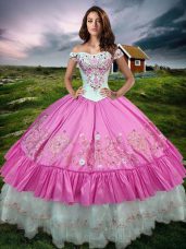 Fine Beading and Embroidery and Ruffled Layers Sweet 16 Dress Rose Pink Lace Up Sleeveless Floor Length