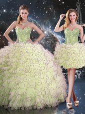 Suitable Sleeveless Organza Floor Length Lace Up Quinceanera Gowns in Yellow Green with Beading and Ruffles