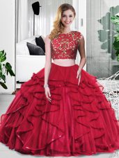 Free and Easy Floor Length Wine Red 15th Birthday Dress Tulle Sleeveless Lace and Ruffles