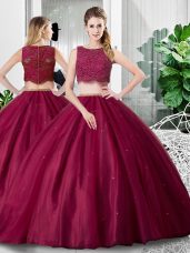 Sweet Fuchsia Two Pieces Lace and Ruching Sweet 16 Quinceanera Dress Zipper Tulle Sleeveless Floor Length