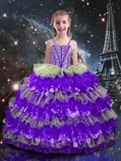 High Class Beading and Ruffled Layers Little Girl Pageant Gowns Multi-color Lace Up Sleeveless Floor Length