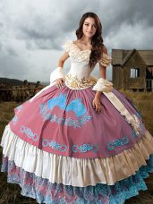 Sleeveless Embroidery and Ruffled Layers Lace Up Quinceanera Gown with Multi-color Brush Train