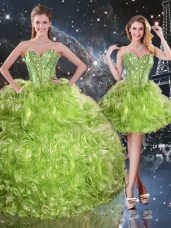 Custom Designed Olive Green Three Pieces Beading Sweet 16 Dress Lace Up Organza Sleeveless Floor Length