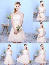 Champagne Empire Lace Wedding Guest Dresses Lace Up Chiffon Sleeveless Knee Length