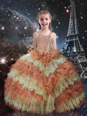 Simple Ball Gowns Little Girls Pageant Gowns Orange Red Straps Organza Sleeveless Floor Length Lace Up