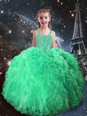 Lovely Apple Green Organza Lace Up Straps Sleeveless Floor Length Little Girls Pageant Dress Wholesale Beading and Ruffles
