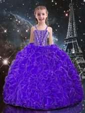 Eggplant Purple Straps Neckline Beading and Ruffles Little Girls Pageant Dress Sleeveless Lace Up