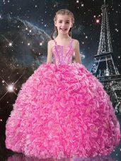 Elegant Rose Pink Ball Gowns Straps Sleeveless Organza Floor Length Lace Up Beading and Ruffles Girls Pageant Dresses