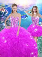 Popular Fuchsia Ball Gowns Sweetheart Sleeveless Organza Floor Length Lace Up Beading and Ruffles Sweet 16 Dress
