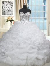 Lovely White Sleeveless Brush Train Beading and Pick Ups Quinceanera Gown