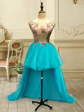 Baby Blue Prom Dress Military Ball and Sweet 16 and Quinceanera with Embroidery Scoop Sleeveless Lace Up