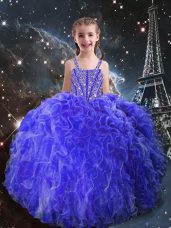Trendy Organza Straps Sleeveless Lace Up Beading and Ruffles Girls Pageant Dresses in Eggplant Purple