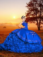 Colorful Sleeveless Organza Brush Train Lace Up Quinceanera Dress in Blue with Embroidery and Ruffles
