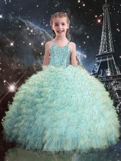 Adorable Organza Straps Sleeveless Lace Up Beading and Ruffles Little Girls Pageant Dress Wholesale in Aqua Blue