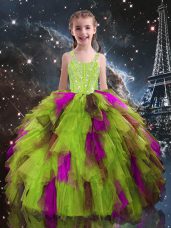 Cheap Yellow Green Ball Gowns Straps Sleeveless Tulle Floor Length Lace Up Beading and Ruffles Kids Formal Wear