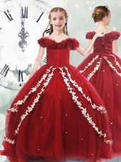 Off The Shoulder Sleeveless Brush Train Lace Up Girls Pageant Dresses Wine Red Tulle