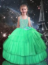 Apple Green Ball Gowns Beading and Ruffled Layers Pageant Gowns For Girls Lace Up Tulle Sleeveless Floor Length