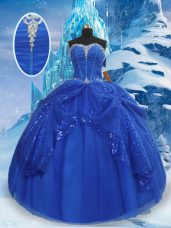 Fashion Royal Blue Lace Up Sweetheart Beading and Pick Ups Quince Ball Gowns Tulle Sleeveless