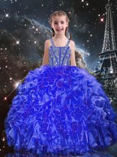 Discount Royal Blue Lace Up Straps Beading and Ruffles Little Girls Pageant Gowns Organza Sleeveless