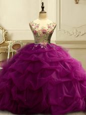Edgy Fuchsia Quince Ball Gowns Military Ball and Sweet 16 and Quinceanera with Appliques and Ruffles and Sequins Scoop Sleeveless Lace Up