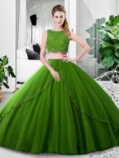 Dramatic Two Pieces Quinceanera Gowns Olive Green Scoop Tulle Sleeveless Floor Length Zipper