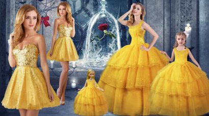 Floor Length Lace Up Sweet 16 Dress Gold for Military Ball and Sweet 16 and Quinceanera with Ruffled Layers