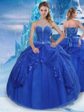 Graceful Sleeveless Tulle Floor Length Lace Up Quinceanera Gown in Royal Blue with Beading and Pick Ups