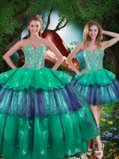 Designer Sleeveless Floor Length Beading and Ruffled Layers Lace Up Quinceanera Dress with Turquoise