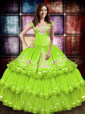 Perfect Yellow Green Quinceanera Dresses Military Ball and Sweet 16 and Quinceanera with Embroidery and Ruffled Layers Off The Shoulder Sleeveless Lace Up