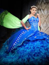 Sleeveless Brush Train Lace Up Embroidery and Ruffles Quinceanera Gown