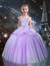 Sleeveless Tulle Floor Length Lace Up Little Girls Pageant Gowns in Lilac with Beading