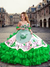 Green Organza and Taffeta Lace Up Sweetheart Sleeveless Floor Length Sweet 16 Dress Embroidery and Ruffled Layers