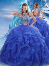 Halter Top Sleeveless Quinceanera Gown Floor Length Beading and Ruffles Royal Blue Organza