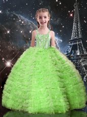 Straps Sleeveless Tulle Girls Pageant Dresses Beading and Ruffled Layers Lace Up