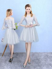 Stylish Silver Off The Shoulder Neckline Lace Court Dresses for Sweet 16 Half Sleeves Lace Up