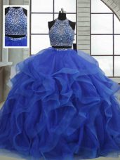 Gorgeous Royal Blue Ball Gowns Organza Halter Top Sleeveless Beading and Ruffles Floor Length Lace Up Quinceanera Dress