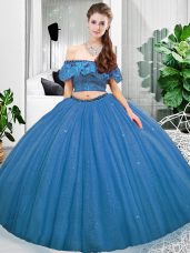 Pretty Blue Off The Shoulder Lace Up Lace Quinceanera Dresses Sleeveless