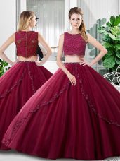 Burgundy Two Pieces Scoop Sleeveless Tulle Floor Length Zipper Lace and Ruching Vestidos de Quinceanera