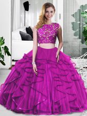 Tulle Scoop Sleeveless Zipper Lace and Ruffles Quinceanera Gown in Fuchsia