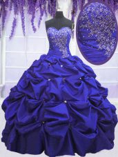 Wonderful Navy Blue Taffeta Lace Up Sweetheart Sleeveless Floor Length 15 Quinceanera Dress Beading and Pick Ups