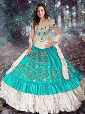Hot Selling Blue And White Elastic Woven Satin Lace Up Quinceanera Gown Sleeveless Floor Length Embroidery and Ruffled Layers