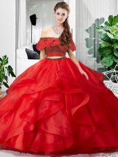 Floor Length Two Pieces Sleeveless Red Sweet 16 Quinceanera Dress Lace Up