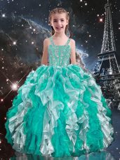 Top Selling Turquoise Lace Up Little Girls Pageant Gowns Beading and Ruffles Sleeveless Floor Length