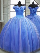 Glamorous Off The Shoulder Sleeveless Brush Train Lace Up Ball Gown Prom Dress Light Blue Tulle