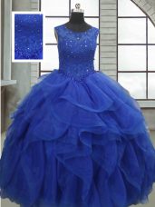 Colorful Royal Blue Ball Gowns Organza Bateau Sleeveless Ruffles and Sequins Floor Length Lace Up Quince Ball Gowns