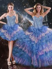 Trendy Floor Length Multi-color Vestidos de Quinceanera Organza Sleeveless Beading and Ruffled Layers and Sequins