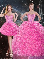 Eye-catching Rose Pink Sleeveless Beading and Ruffles Floor Length Ball Gown Prom Dress