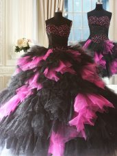 Pink And Black Ball Gown Prom Dress Military Ball and Sweet 16 and Quinceanera with Beading and Ruffles Sweetheart Sleeveless Lace Up